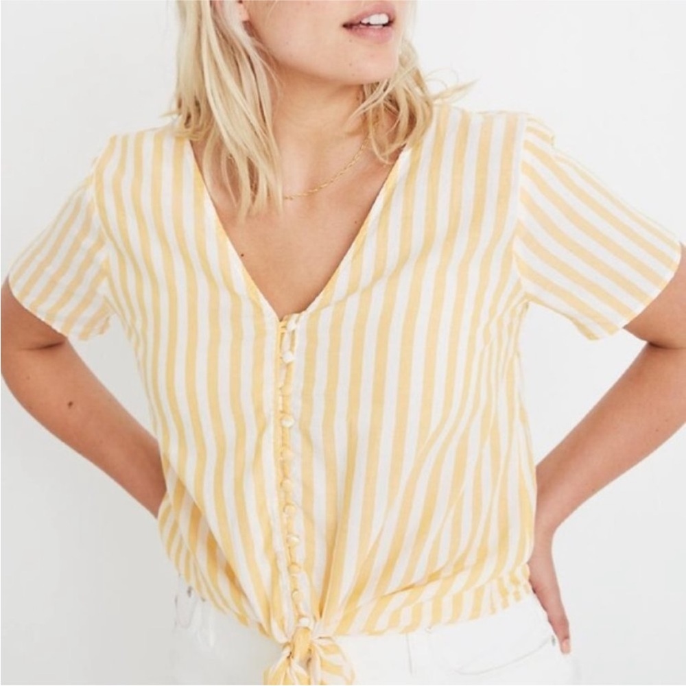 Butter yellow Madewell Tie-Front Button Top in Pompano Stripe
